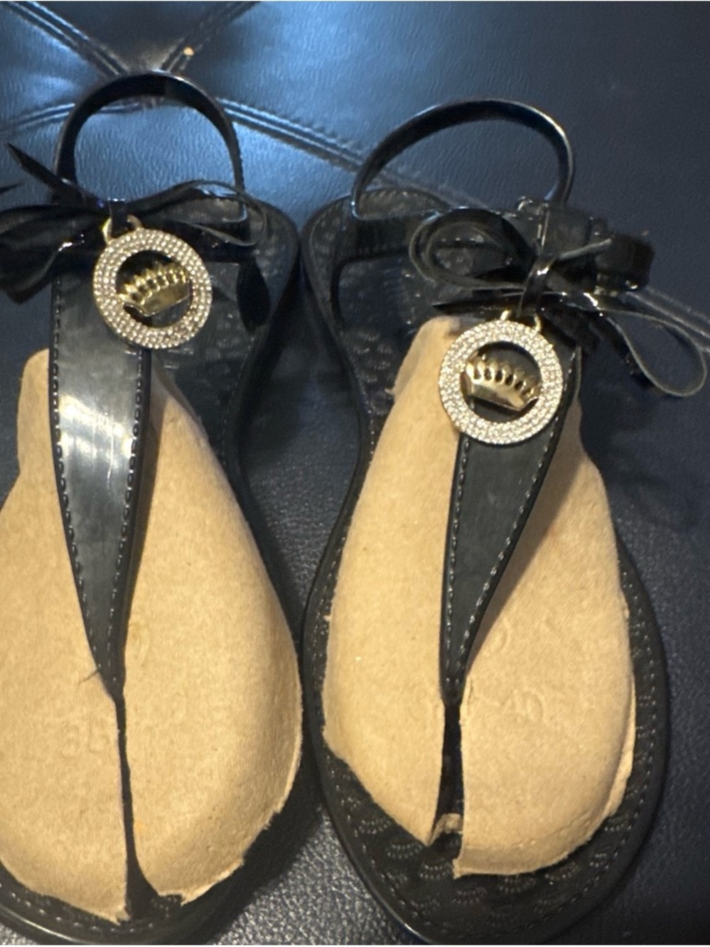 Juicy Couture Black Thong Sandals with Gold Rhinestone Crown Charms